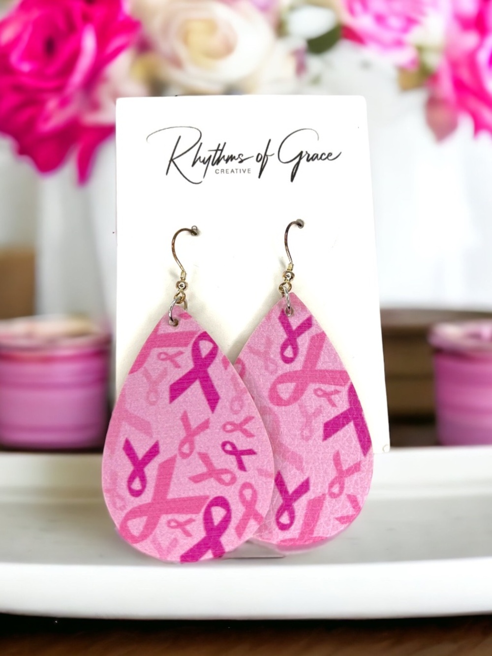 Breast Cancer Awareness Pink Ribbon Teardrop Earrings